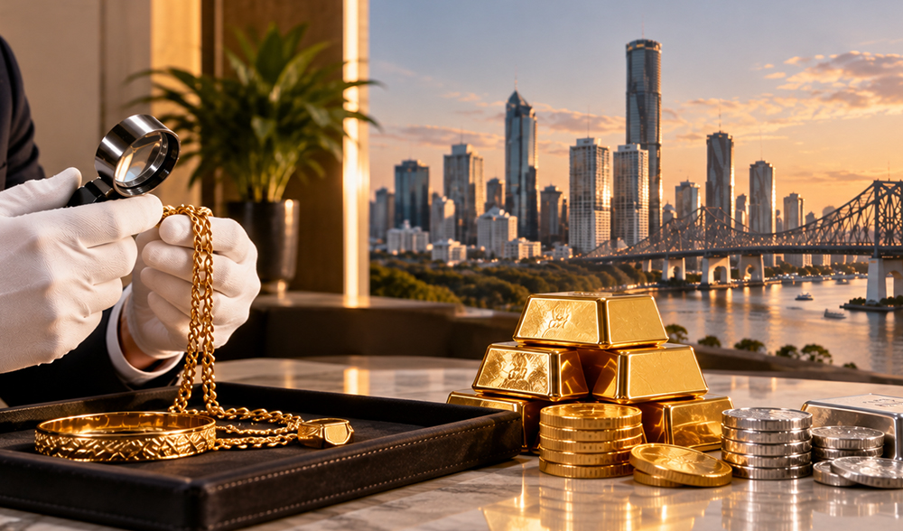 Gold buyer inspecting a gold chain with bullion, coins, and the Brisbane skyline