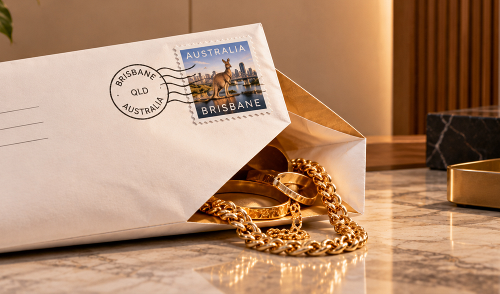 Gold jewellery posted in an envelope stamped Brisbane, Australia