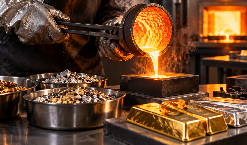Molten precious metal being poured during refining, with gold bars and scrap metal nearby
