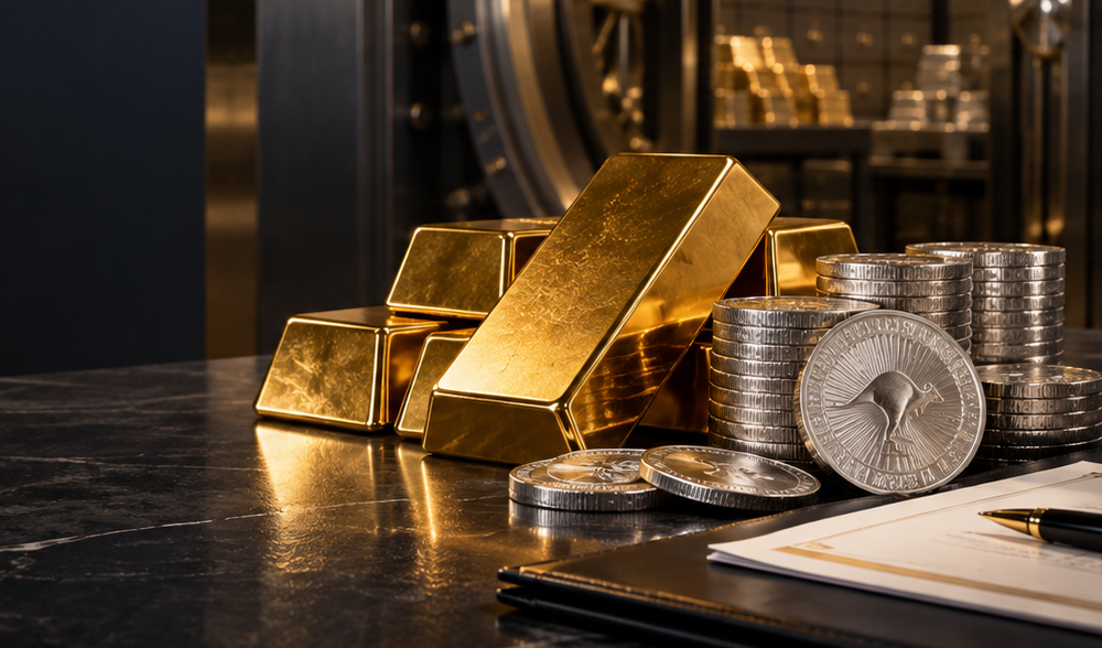 Gold and silver bullion with Australian silver coins and SMSF paperwork in front of a vault
