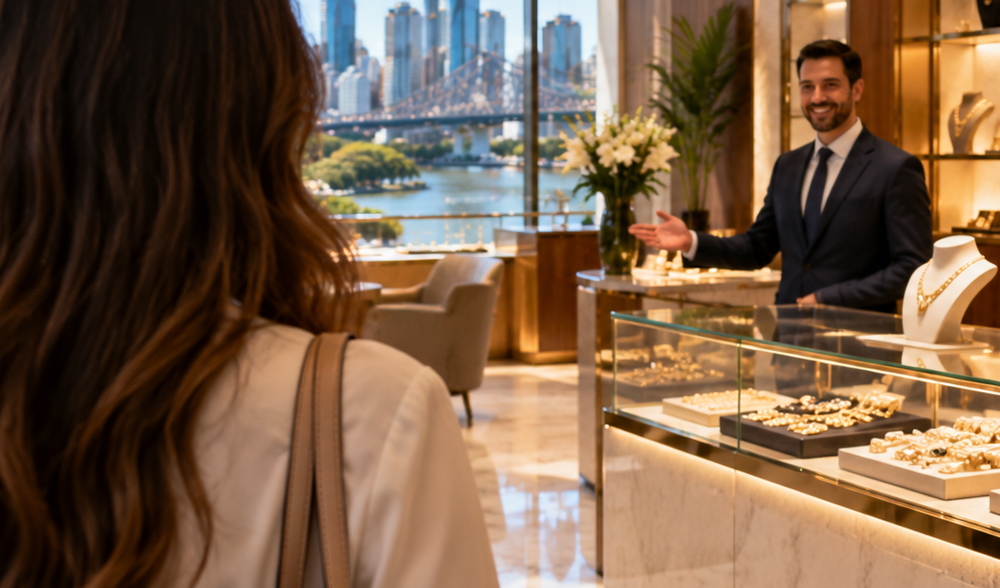 A customer being welcomed into a gold showroom, with the Brisbane Story Bridge in the background