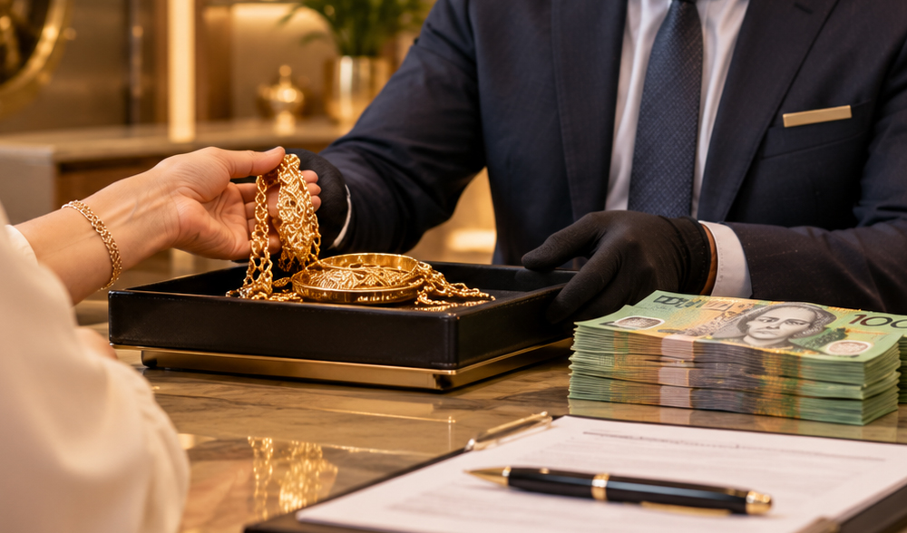 A gold chain being assessed for a loan, with Australian cash and loan paperwork on the counter